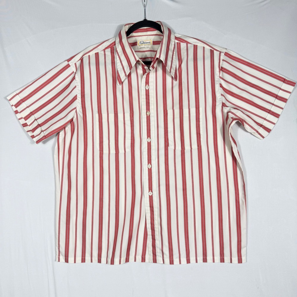 Vtg Stevens Striped Button Up Shirt XL Red White Perm Press 60s 70s Mod Retro